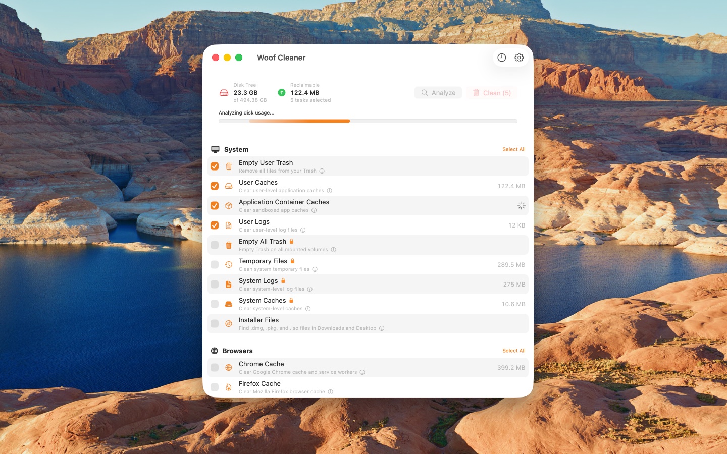 Woof Cleaner scanning a Mac: system, browser, and app cache cleanup tasks with reclaimable space